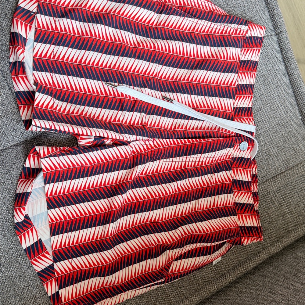 Onia Red and Blue Patterned Swim Trunks